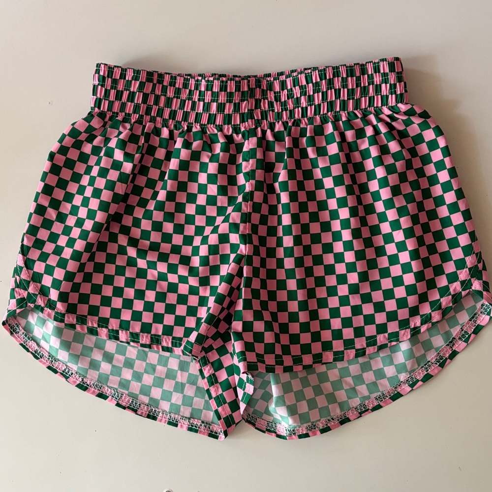 EUC Azarhia Girls pink green checked light weight shorts 10